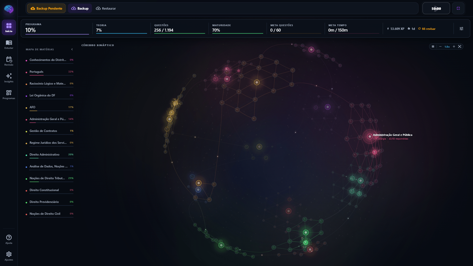 Tela inicial do Lumina com mapa visual de matérias, metas e revisões pendentes
