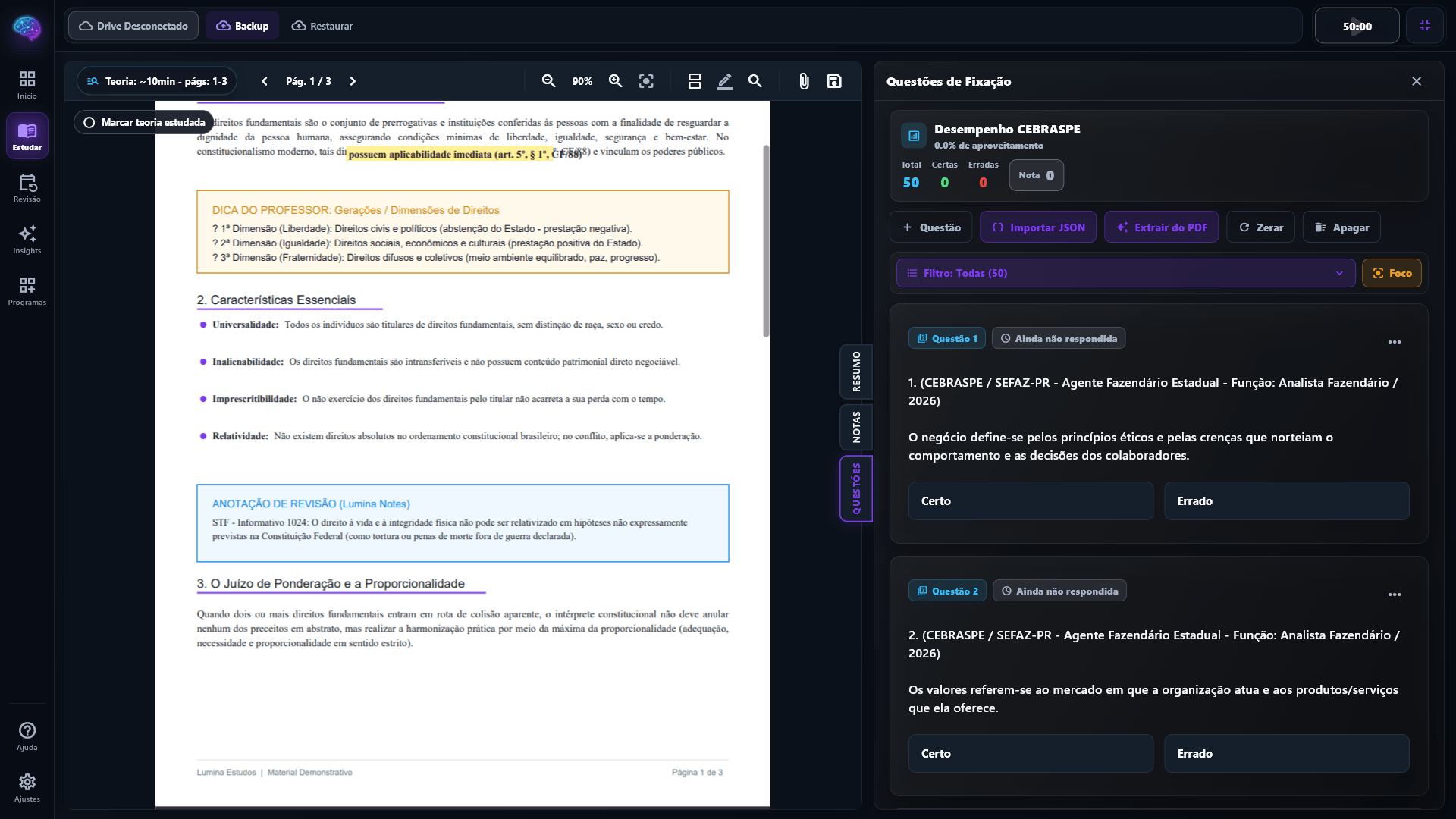 Interface de aula do Lumina com PDF aberto e caderno de questões integrado