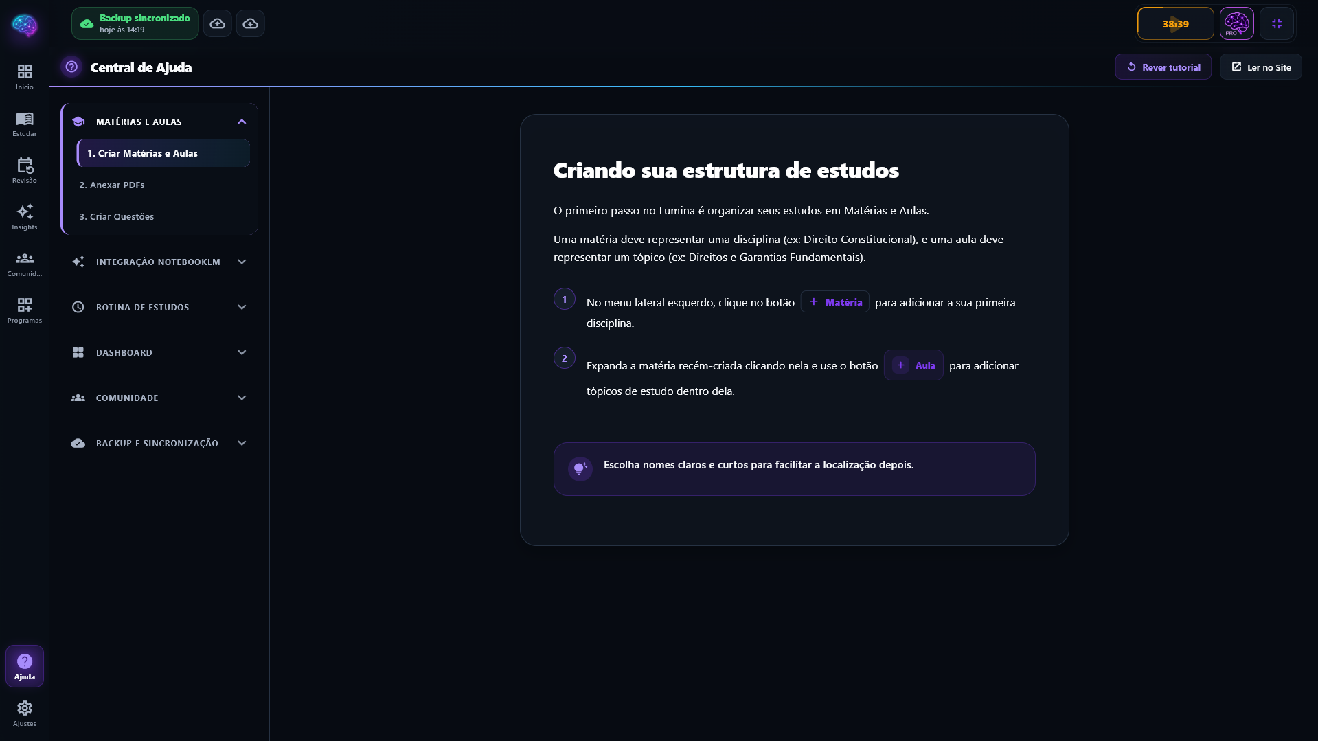 Central de Ajuda do Lumina com tutoriais sobre matérias, aulas, PDFs e questões