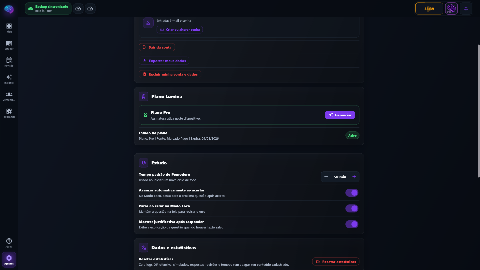 Tela de configurações do Lumina com plano, backup, Pomodoro e preferências