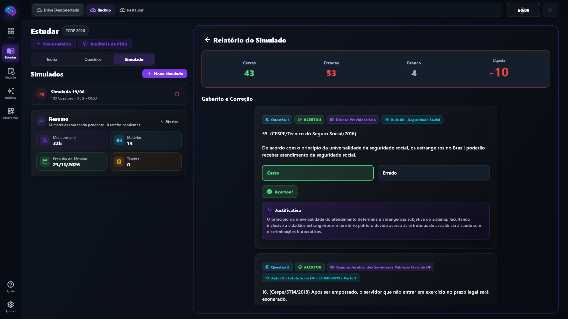 Tela de simulados do Lumina com contagem de tempo e painel de questões